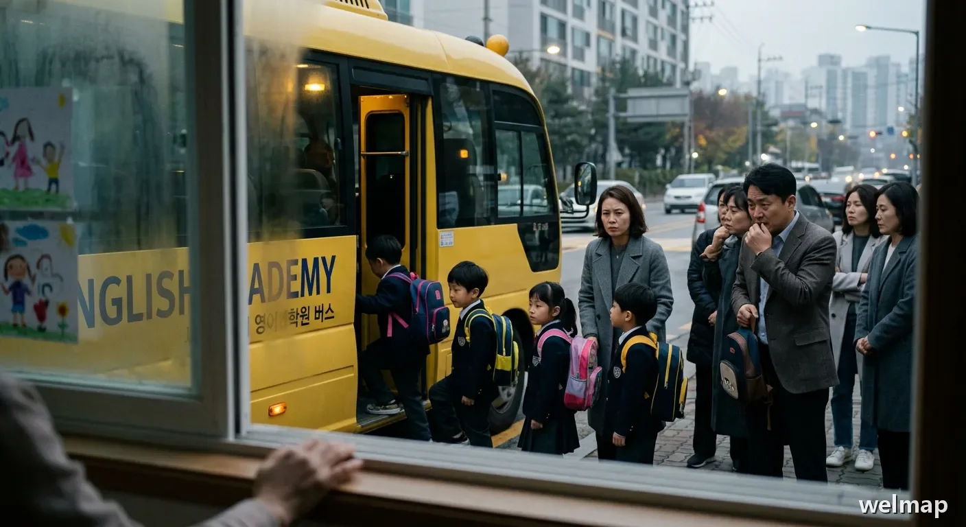 영어 학원 버스를 기다리는 아이들과 불안한 표정의 부모