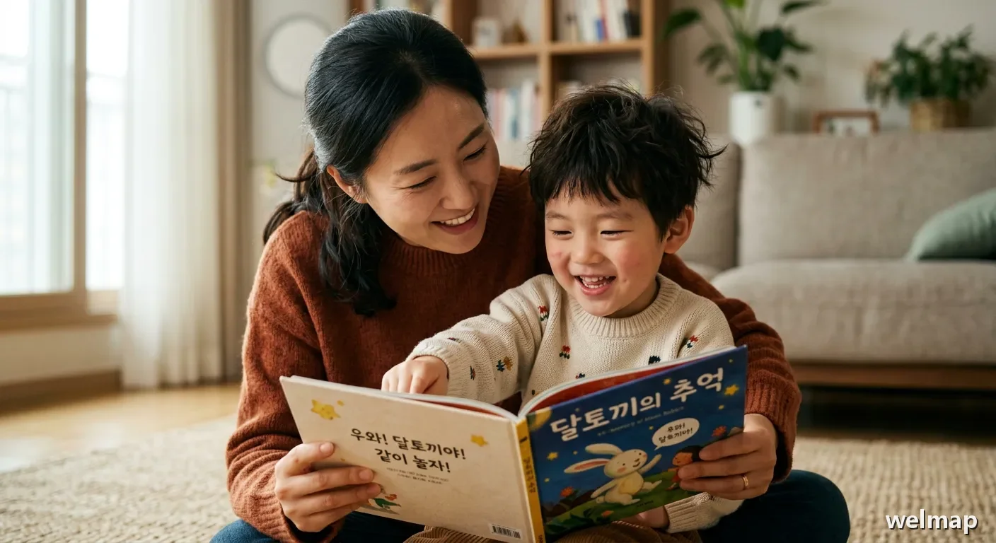 엄마와 함께 한글 책을 읽으며 즐거워하는 아이