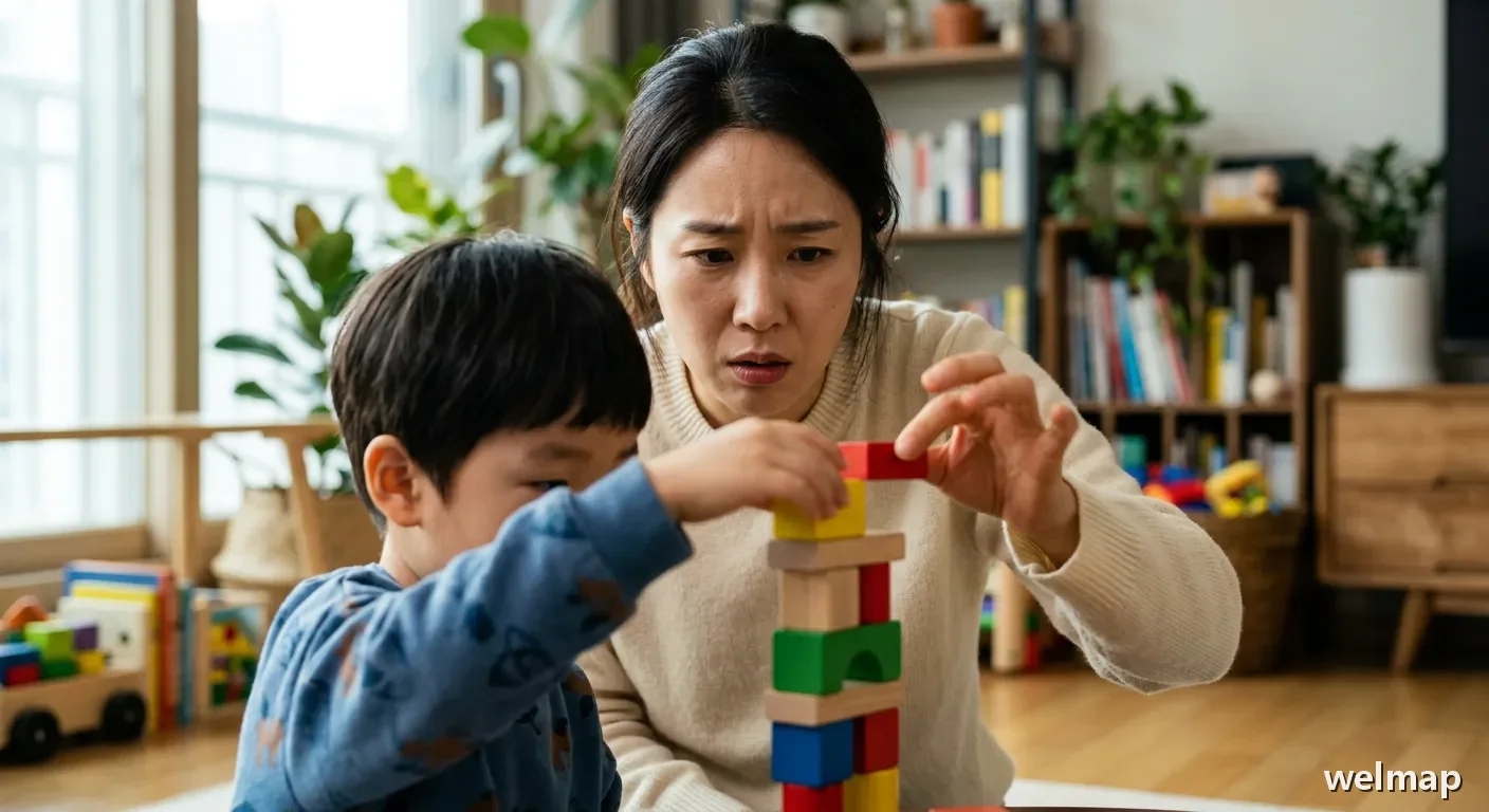 아이의 블록 쌓기를 조마조마하게 지켜보는 부모의 모습